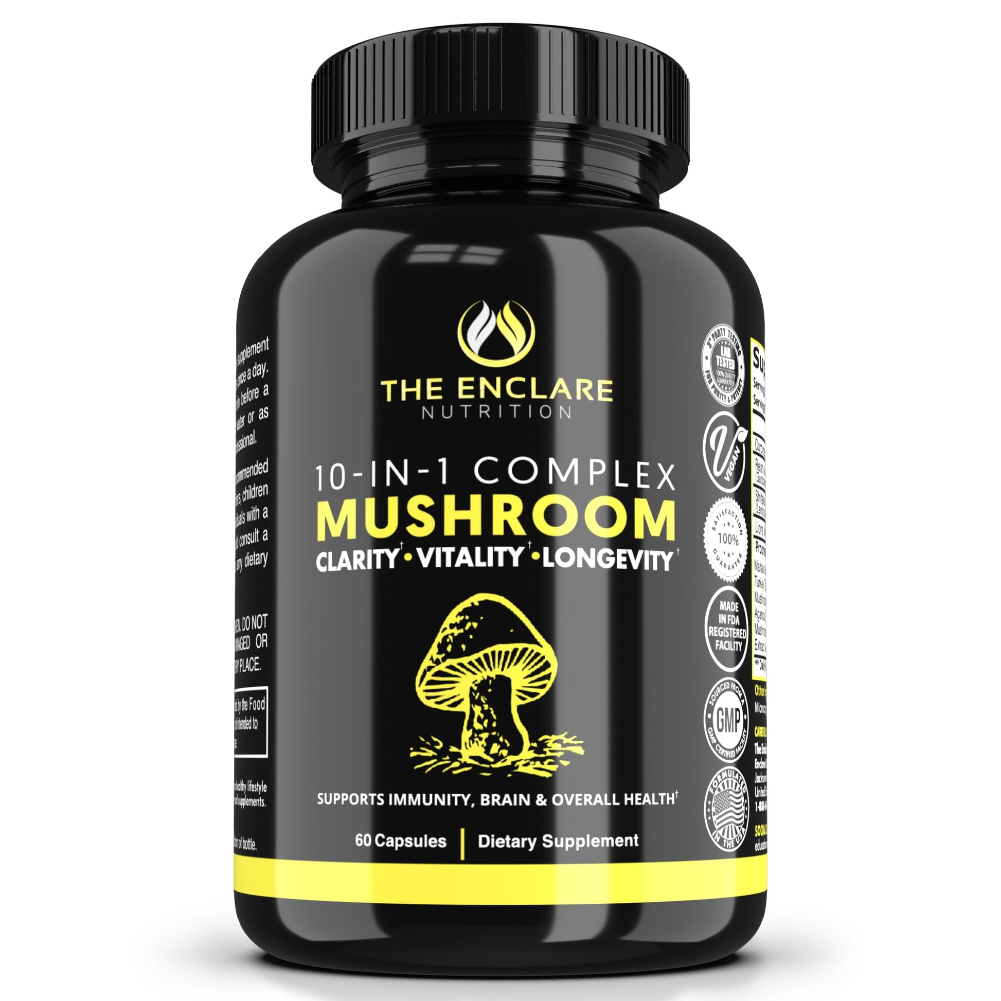 THE ENCLARE NUTRITION Mushroom Supplement 10in1 Complex Immune Support Lions Mane, Reishi, Turkey Tail, Cordyceps, Chaga, Maitake, Shiitake, Agaricus Nootropic Brain Energy Booster, Capsules, 60 Count