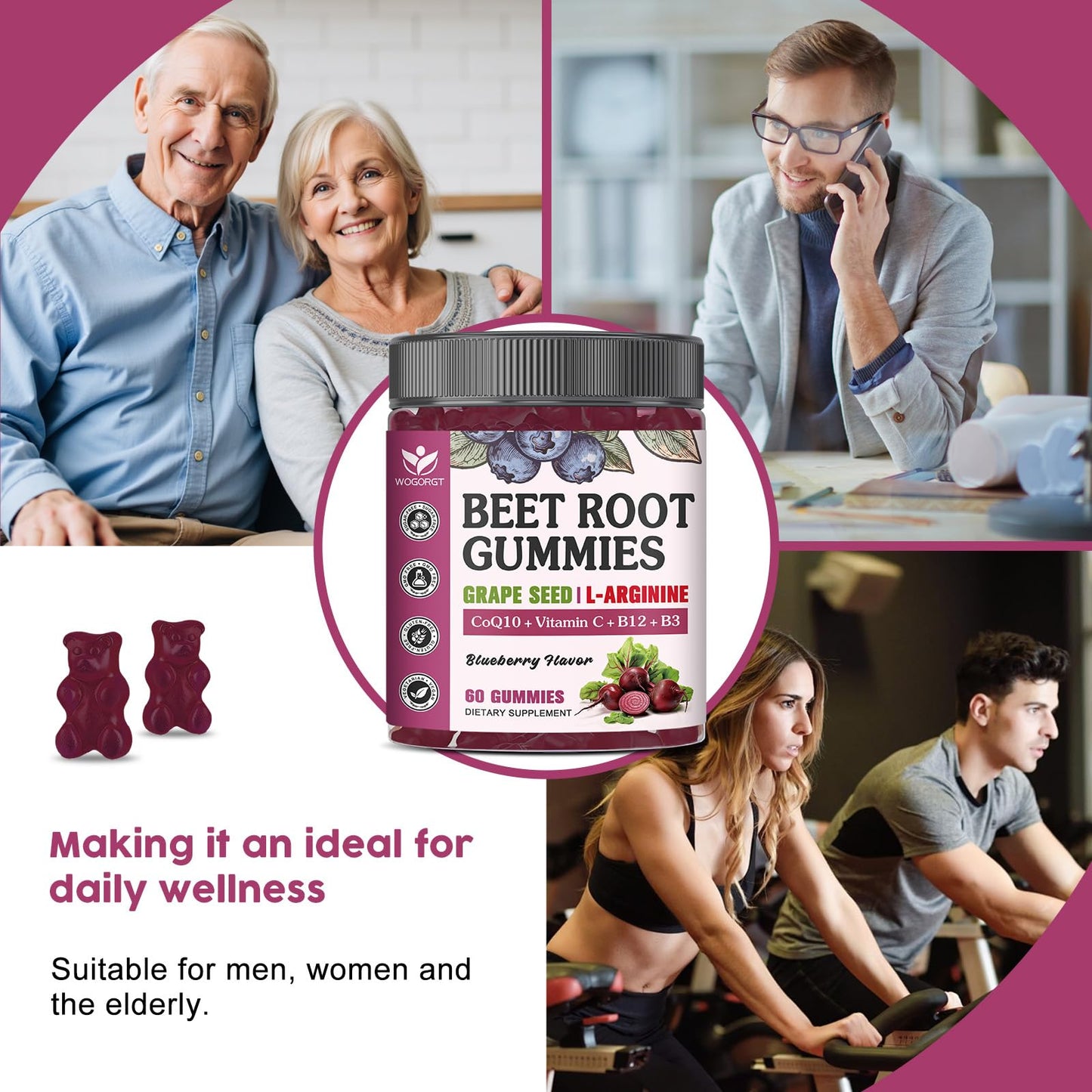 WOGORGT Beet Root Gummies Nitric Oxide Booster Sugar Free, 60 Count