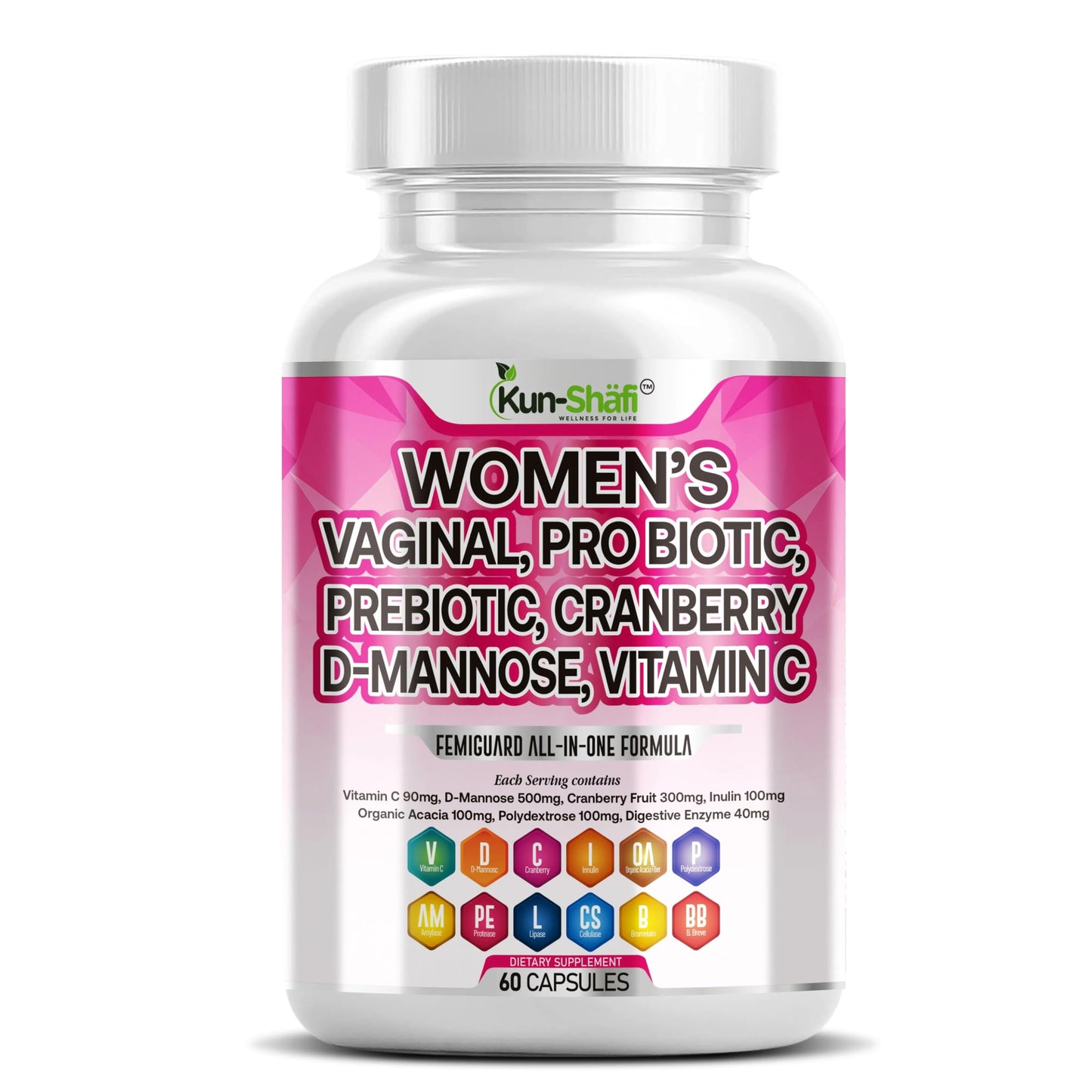 Kun Shafi Vaginal Probiotic for Women – Cranberry, D-Mannose, Inulin, Vitamin C, Prebiotic & Enzyme Complex – Feminine Health, UTI Cleanse & pH Balance Support, 60 Capsules