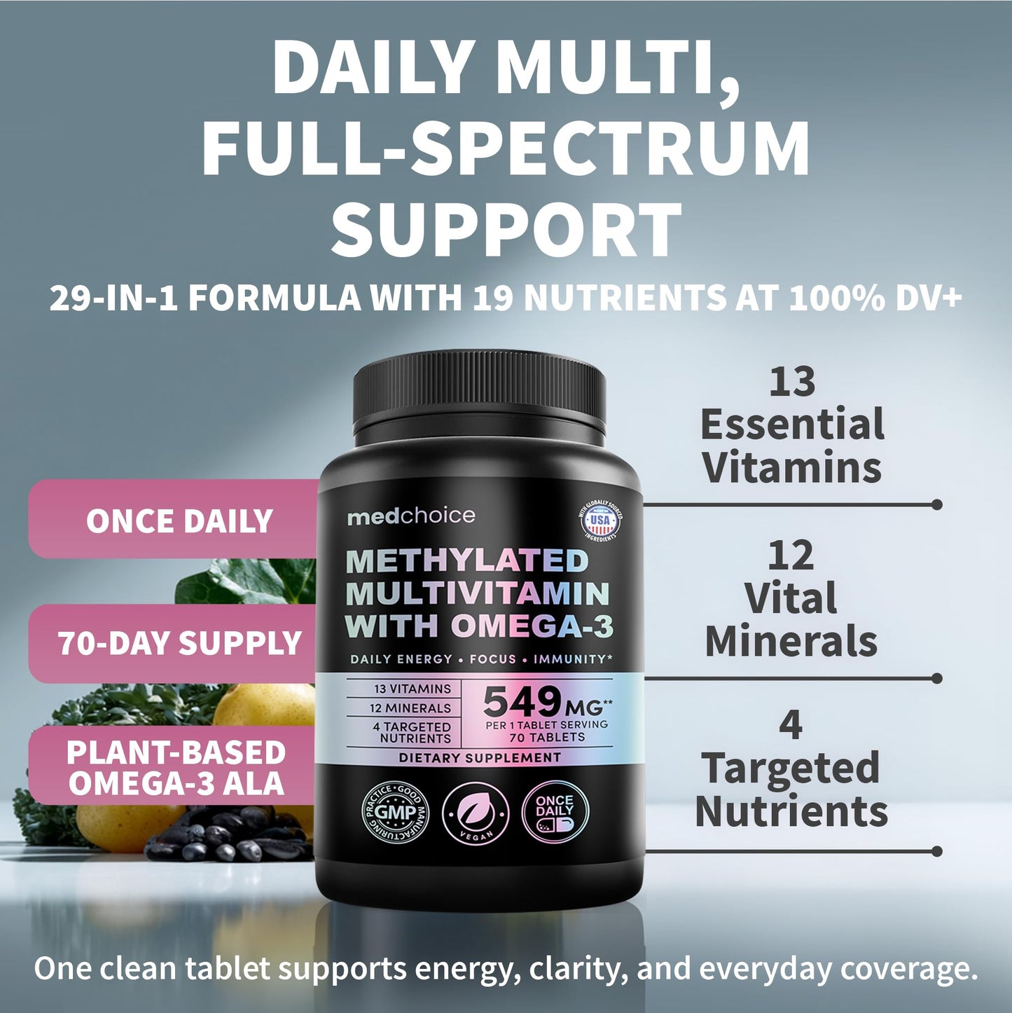 MEDCHOICE Complete 29-in-1 Methylated Multivitamin for Men & Women with Omega-3 Tablet, 70 Count
