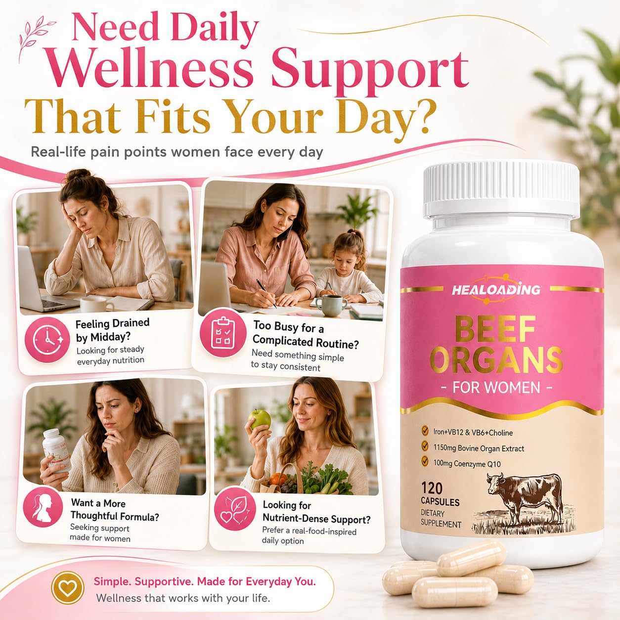 HEALOADING Beef Organ Supplement for Women Grass-Fed 100% Desiccated & Non-Defatted Liver, Heart, Kidney, Spleen, Pancreas Capsules, 120 Count