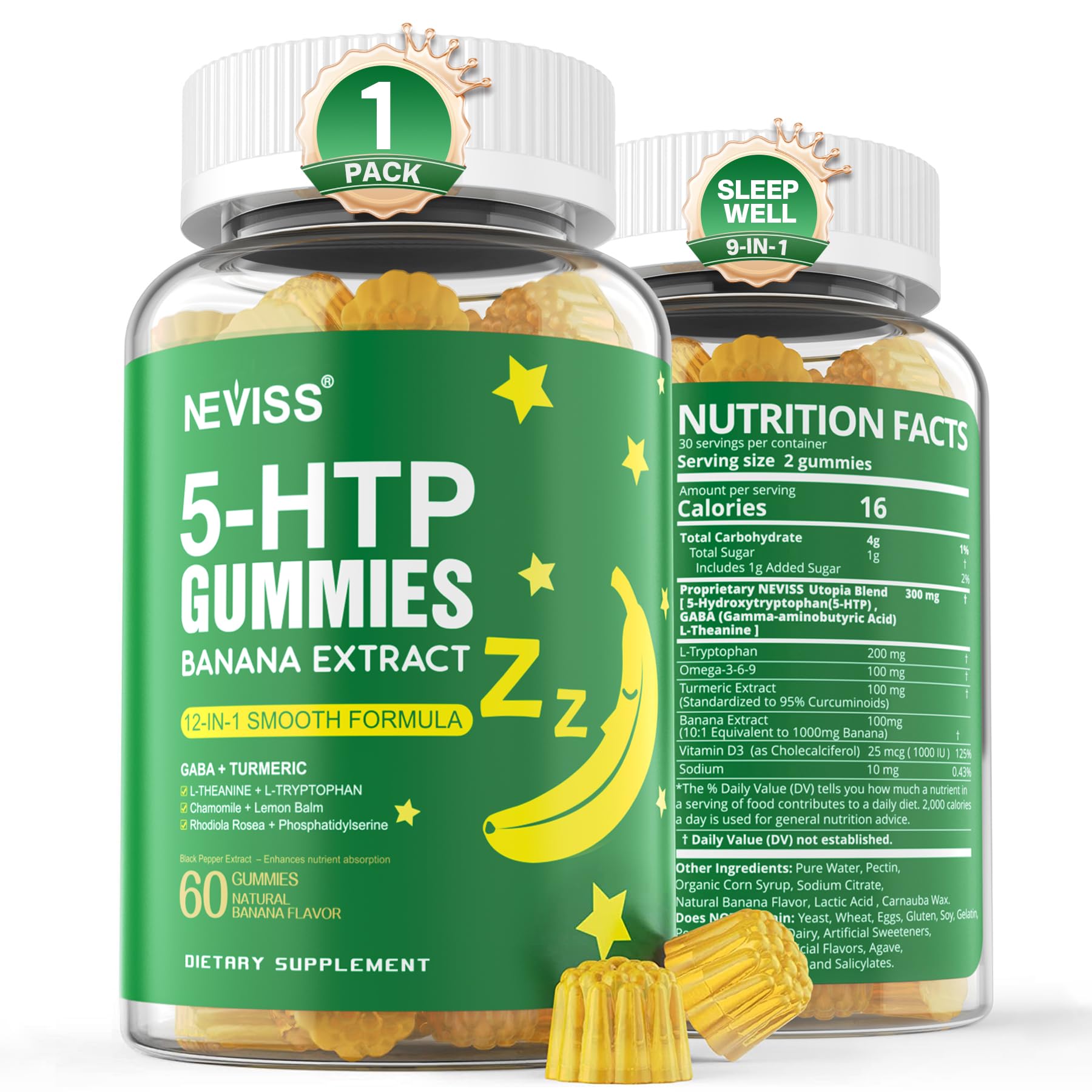 NEVISS 5-HTP 400mg Gummies + GABA - Melatonin Free, 60 Gummies