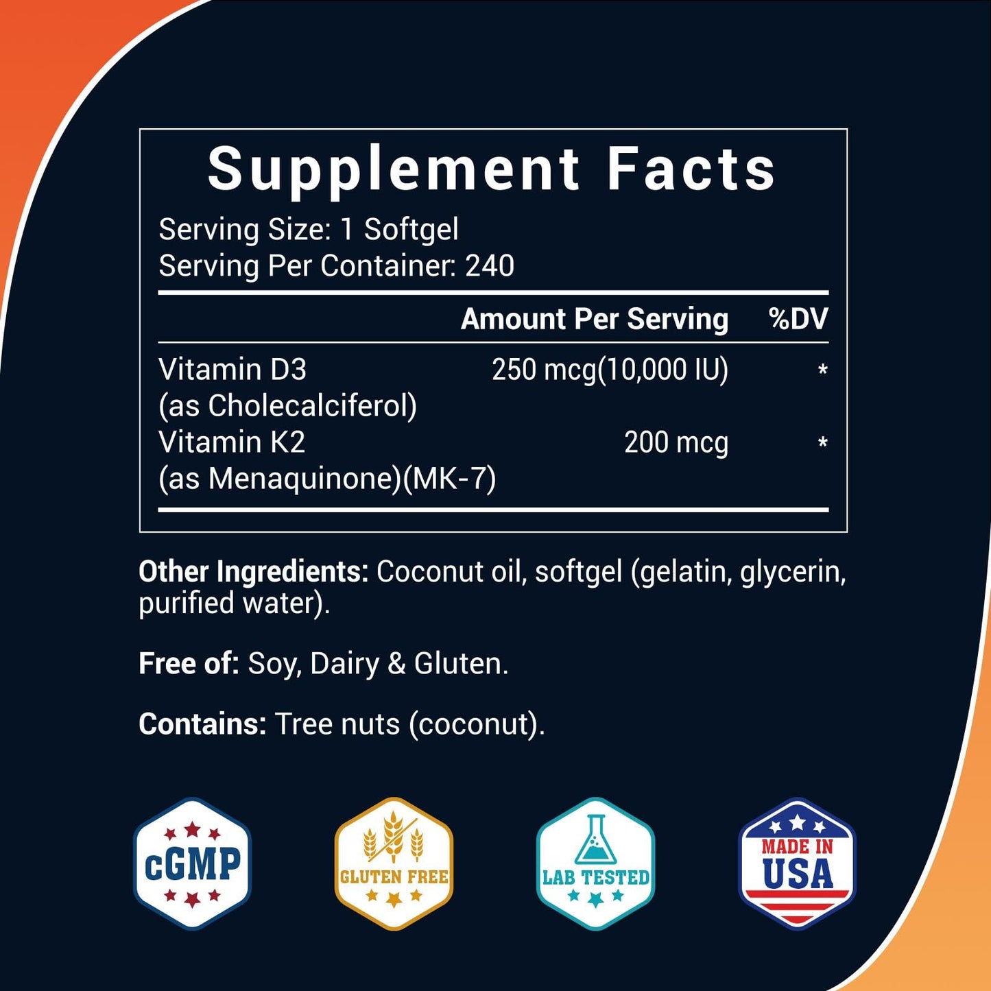 Luckycare Vitamin D3 K2 10000 IU Plus K2 (MK-7) 200 mcg Softgels, 120 Count