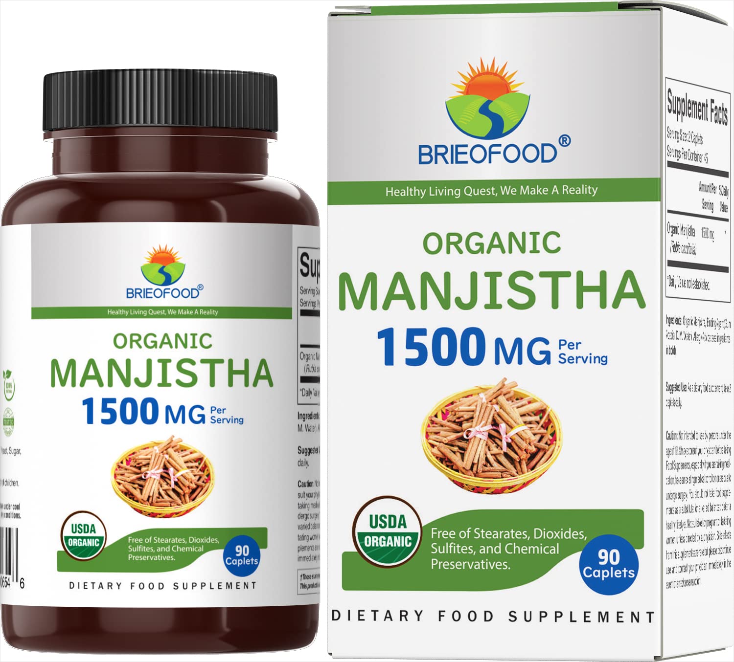 Brieofood Organic Manjistha 1500mg Tablet, 90 Tablets