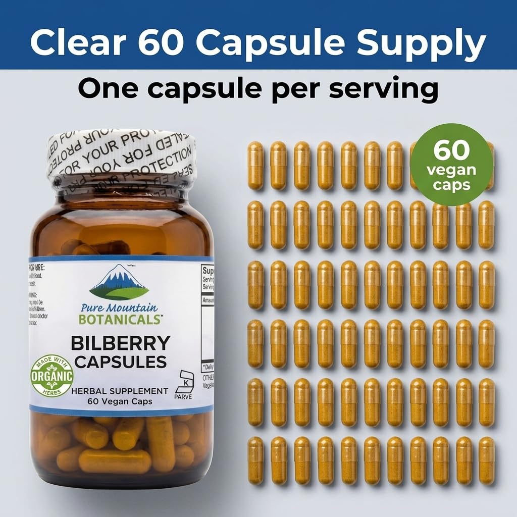 Pure Mountain Botanicals Bilberry Extract Supplement Capsules, 60 Count