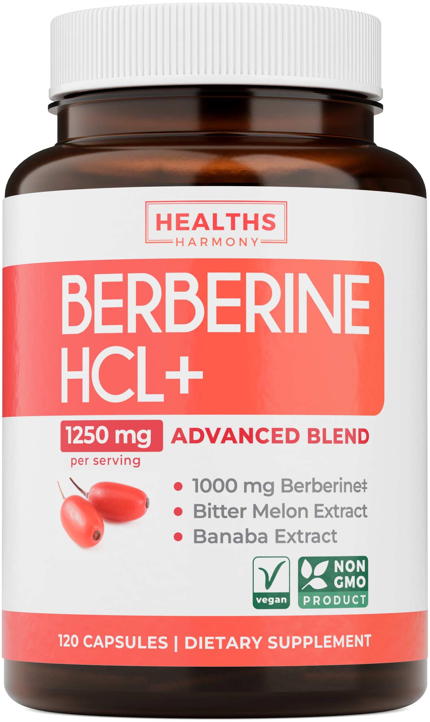 Healths Harmony Berberine HCl Plus Bitter Melon & Banaba Leaf Extract Capsules 120 Count