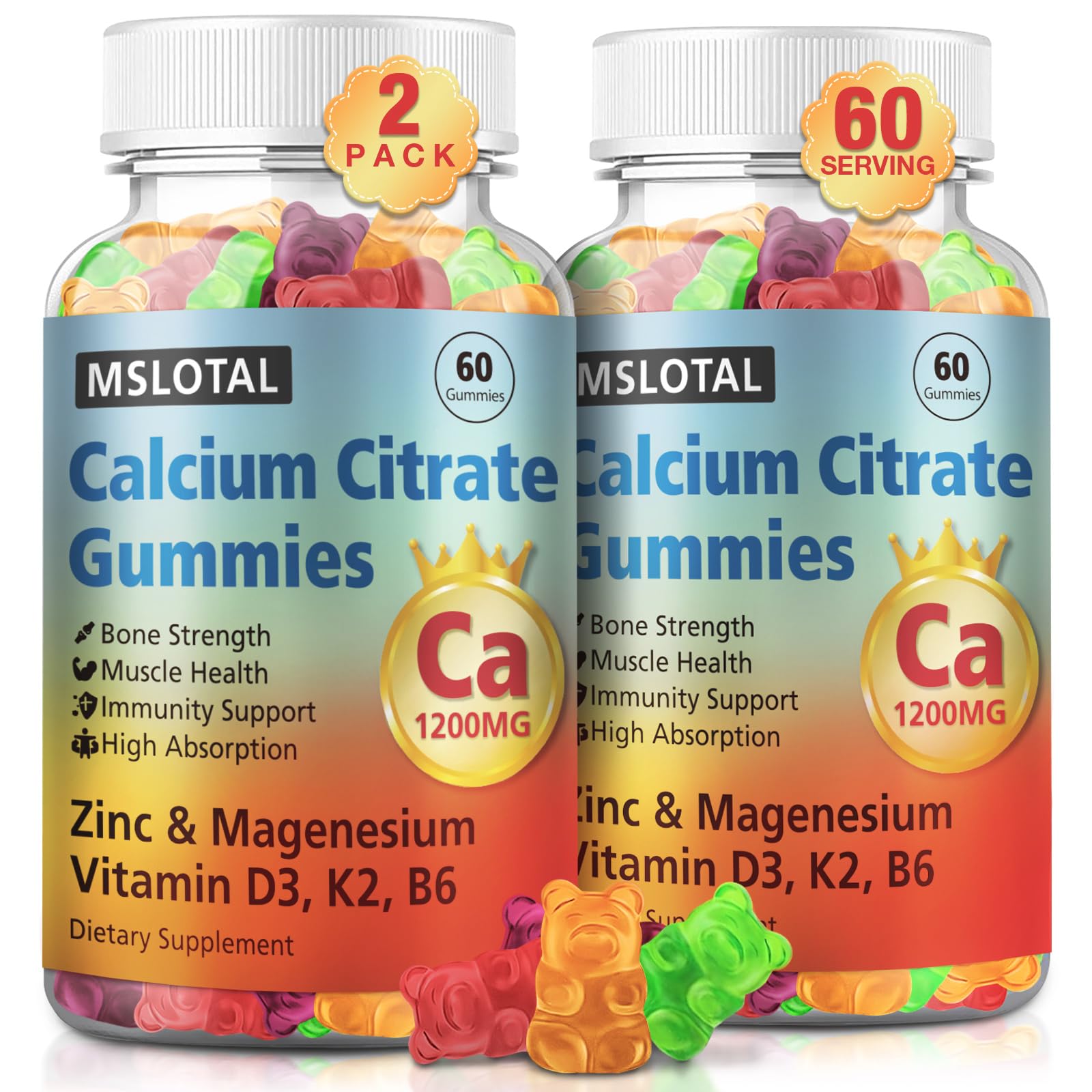 MSLOTAL Calcium Citrate Gummies 1200mg with Vitamin D3, B6, B12, Magnesium & Zinc, 120 Chews