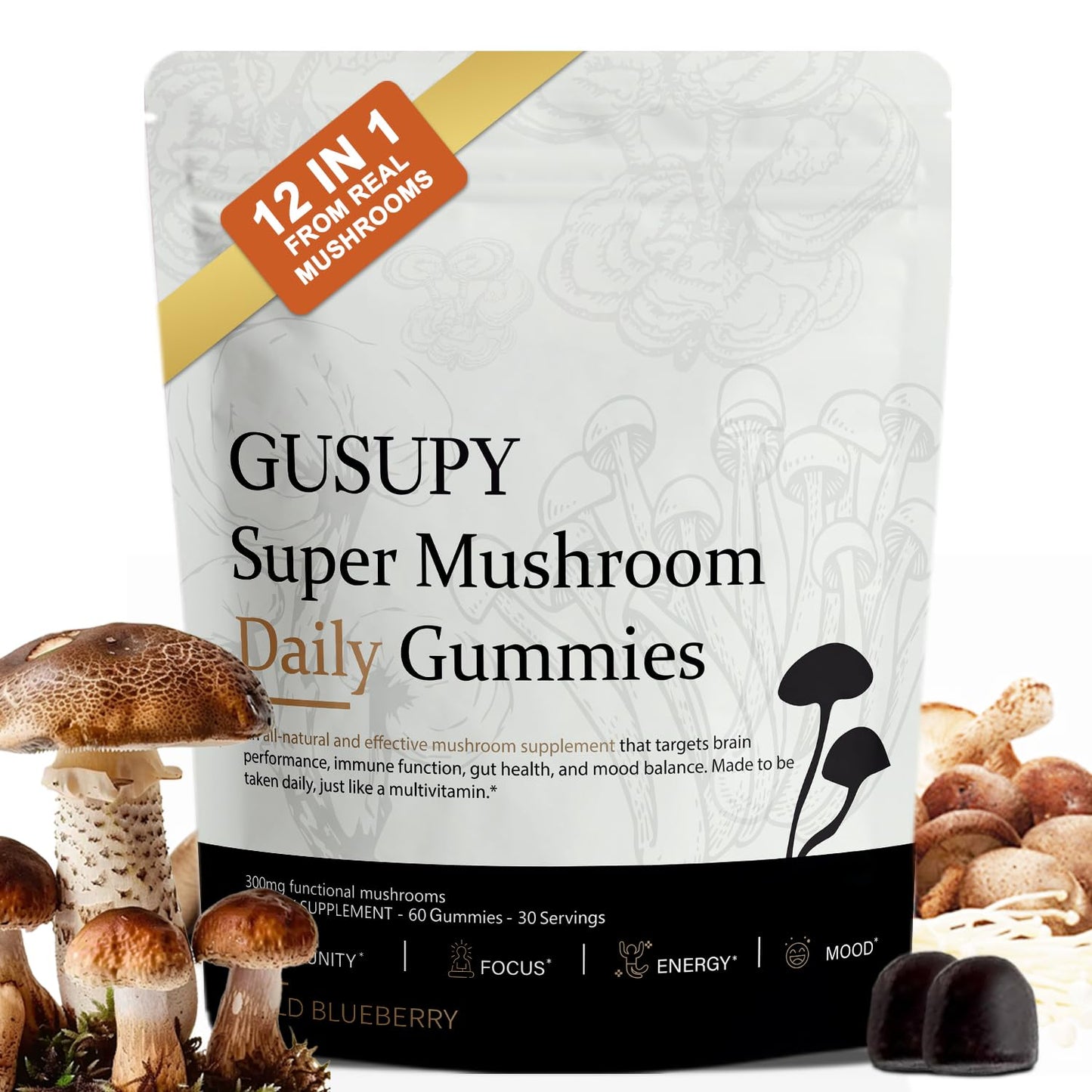 GUSUPY Lions Mane Mushroom Supplement Gummies, 60 Gummies