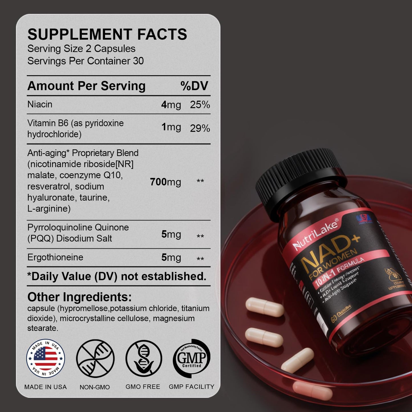 NUTRILAKE NAD+ Supplement for Women, NMN Alternative with Resveratrol, Nicotinamide Riboside, CoQ10, PQQ, Ergothioneine, 60 Capsules