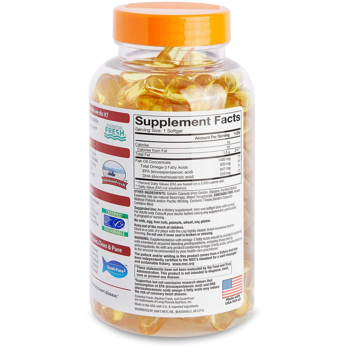 Member's Mark Omega 3 Fish Oil 1400 mg (900 mg EPA/DHA), Enteric Coated Softgels, 150 Count