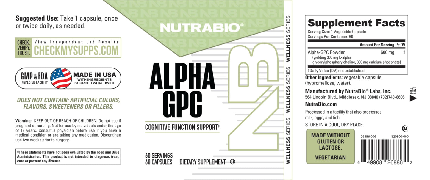 NutraBio Alpha GPC 300mg Capsules, 60 Count