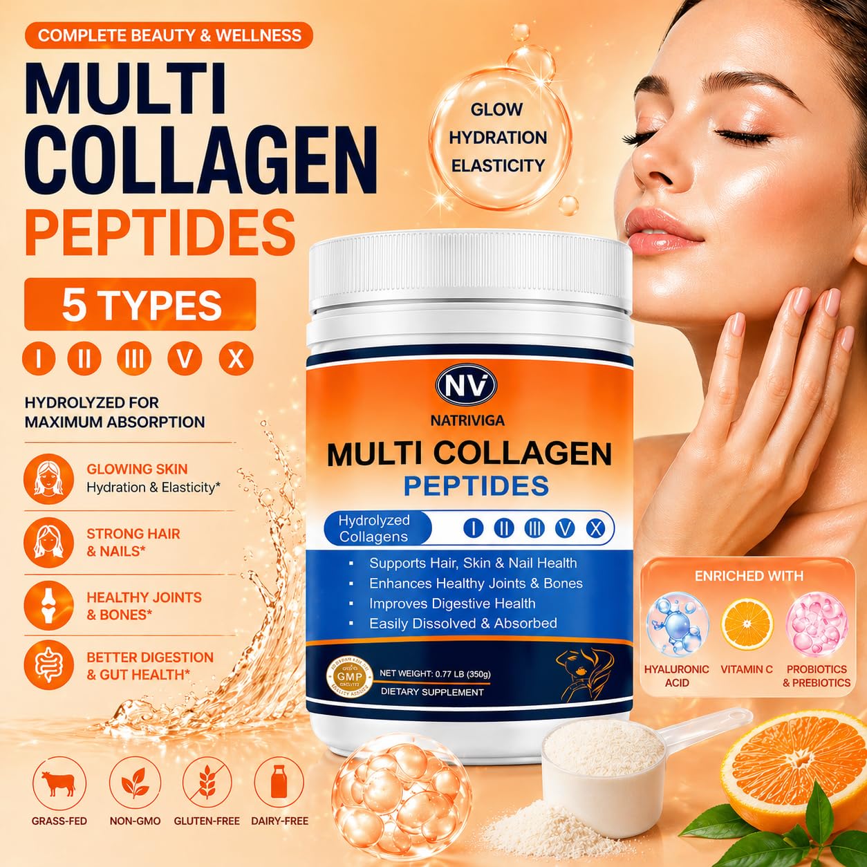 NATRIVIGA Multi Collagen Peptides Powder, 12.35 oz