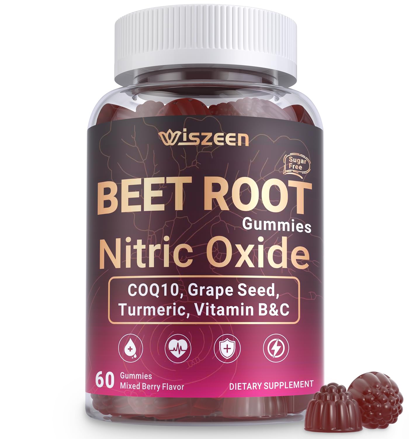 Wiszeen Beet Root Gummies, Nitric Oxide Supplements with COQ10, 60 Count