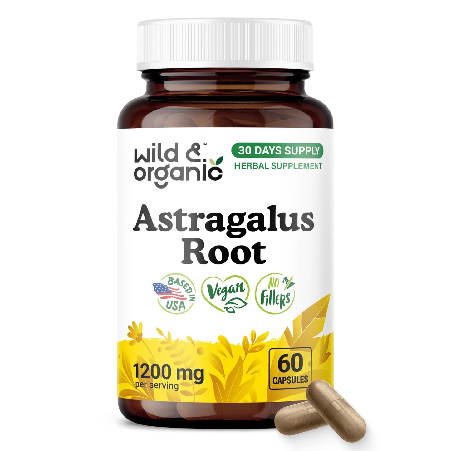 Wild & Organic Astragalus Root Capsules 1200 mg, 60 Count
