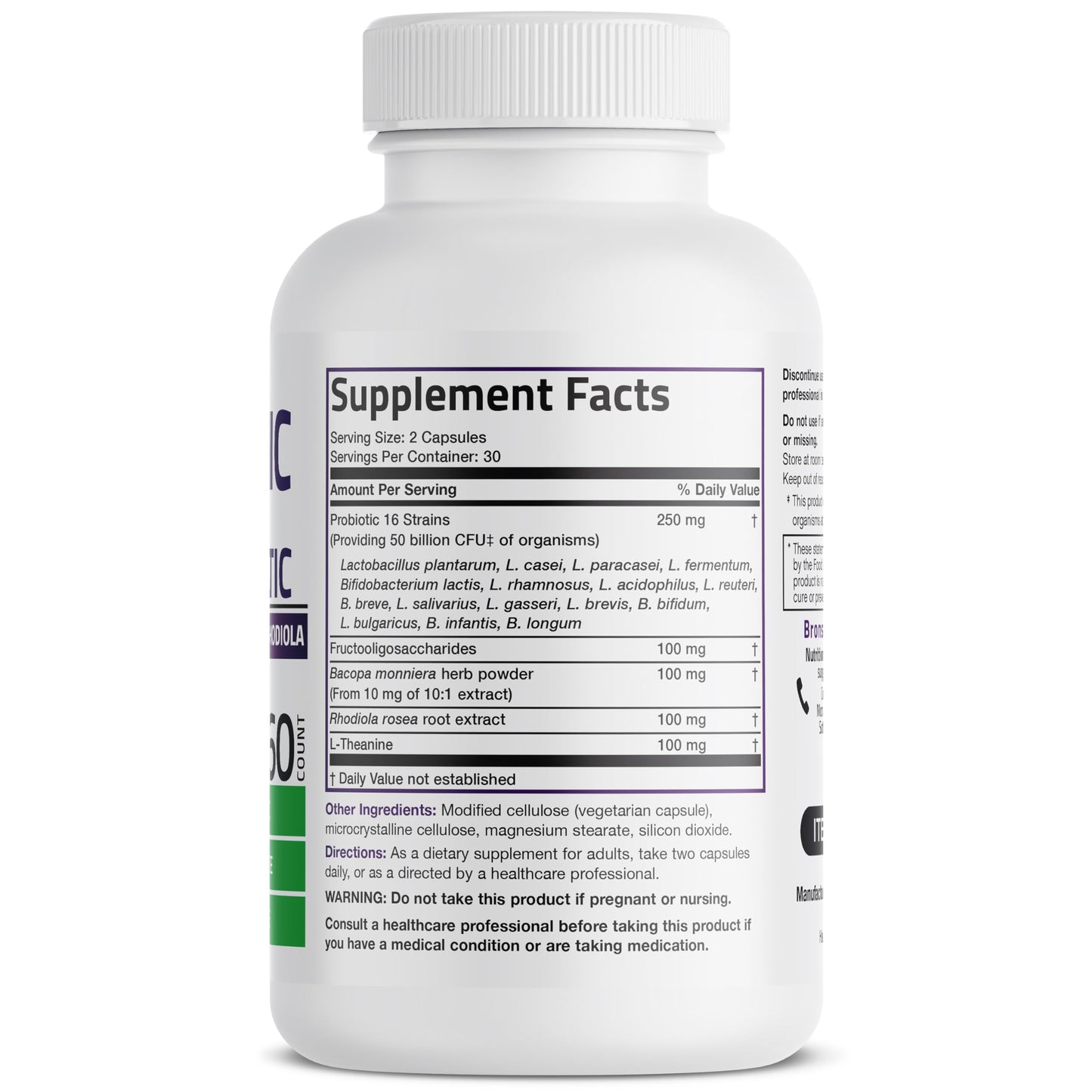 Bronson Brain + Mood Probiotic 50 Billion CFU Plus Prebiotic with L-Theanine, Bacopa and Rhodiola Non-GMO, 60 Capsules
