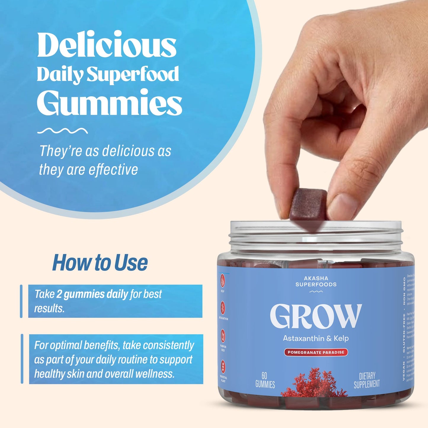 Akasha Superfoods Grow Hair & Beauty Gummies, 60 Count
