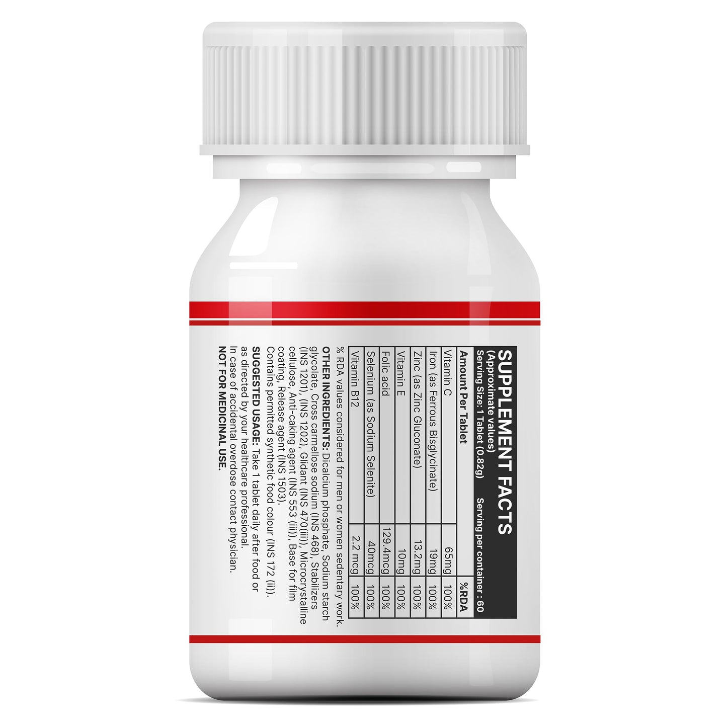 INLIFE Chelated Iron Folic Acid Supplement with Vitamin C, Zinc, Vitamin E, Selenium, & Vitamin B12 Tablet 60 Count