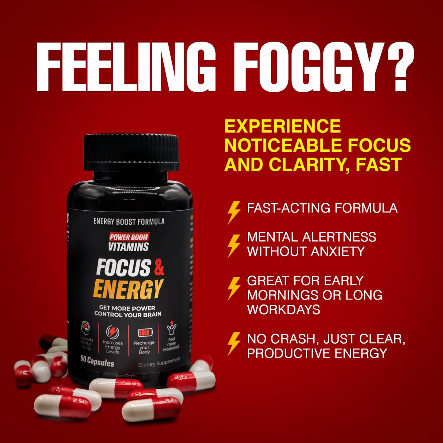Power Boom Vitamins Focus & Energy – Brain & Mental Performance Supplement Capsules, 60 Count