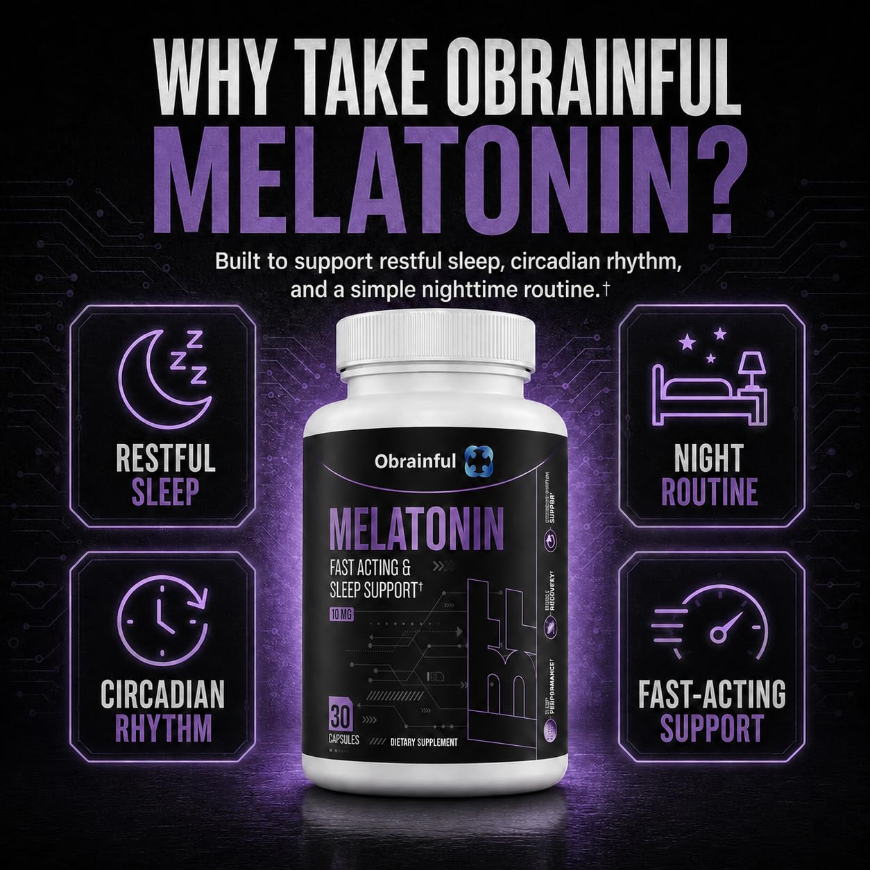 Obrainful Melatonin 10mg Capsules for Sleep Support & Nighttime Wellness, 30 Count