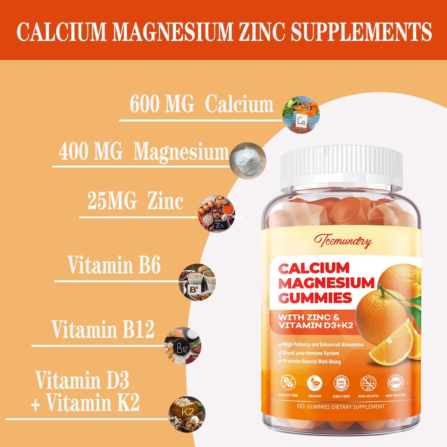 Tcemundry Calcium Magnesium Zinc Gummies with Vitamin D3 & K2, Magnesium Glycinate 400mg, Sugar Free Calcium Supplement, 120 Gummies