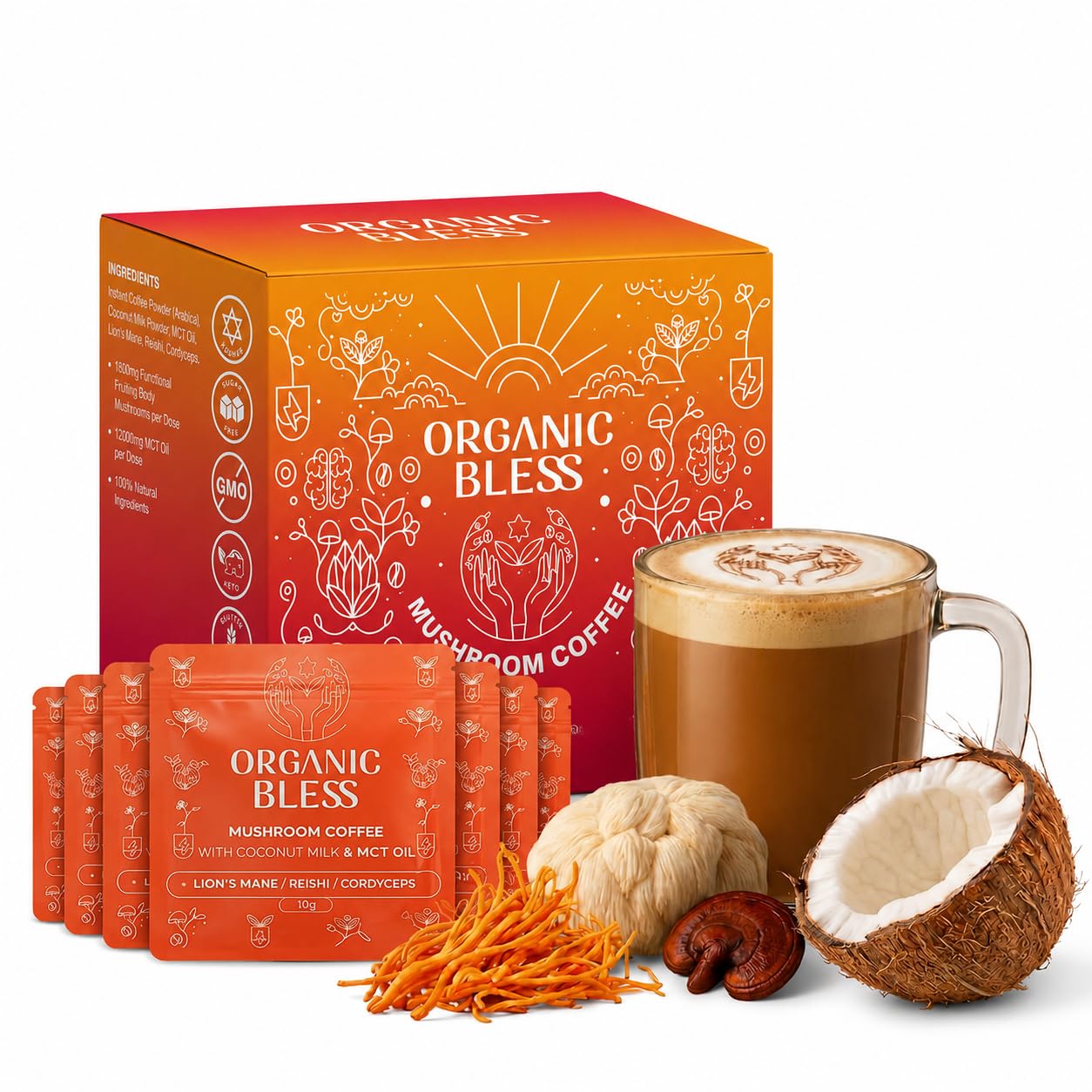 Organic Bless Mushroom Coffee Instant Packets Powder 3.52 oz