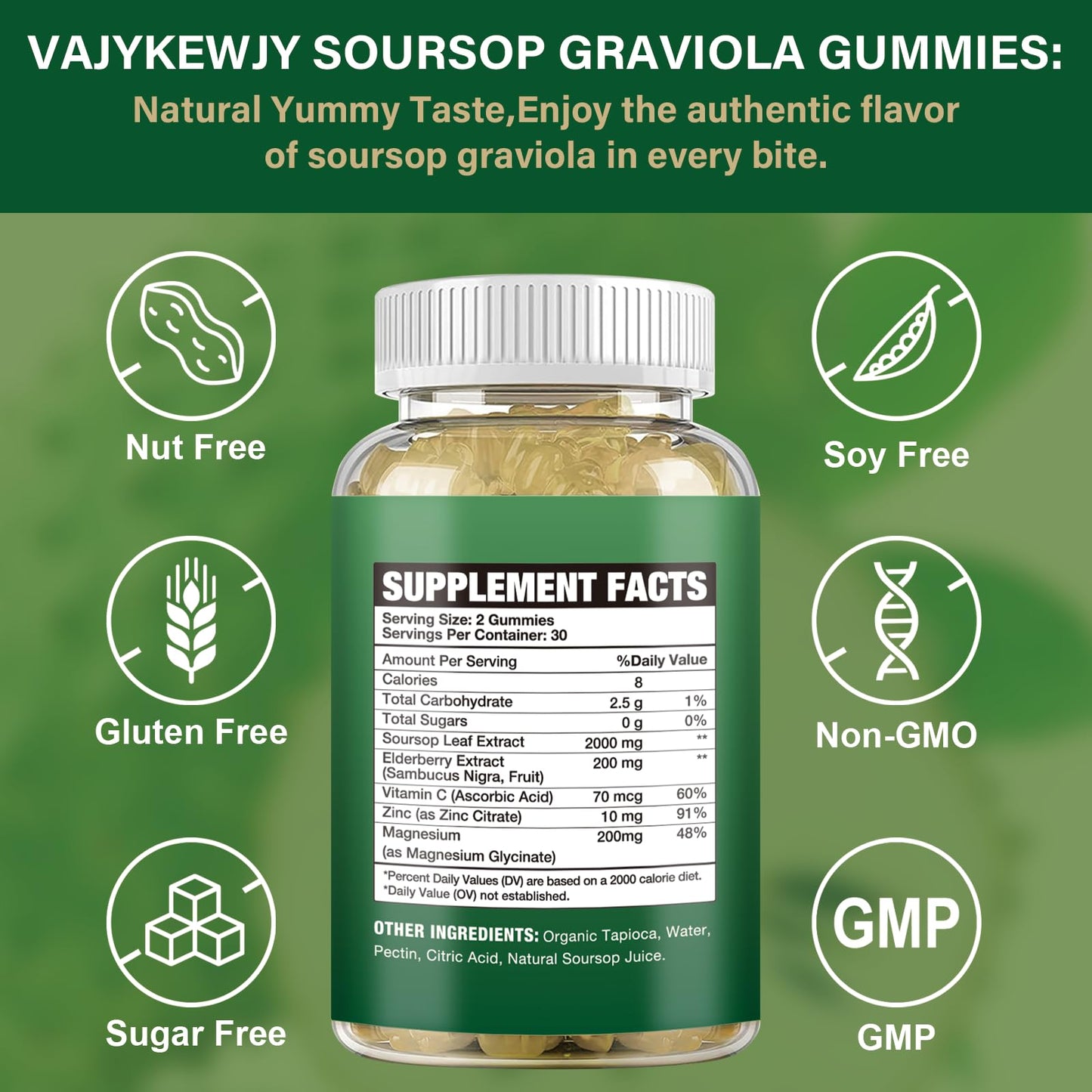 VAJYKEWJY Soursop Graviola Gummies - 2000mg Extra Strength Soursop Leaves Extract, Vitamin C, Zinc & Whole Natural Food for Immunity, Vegan, 60 Gummies