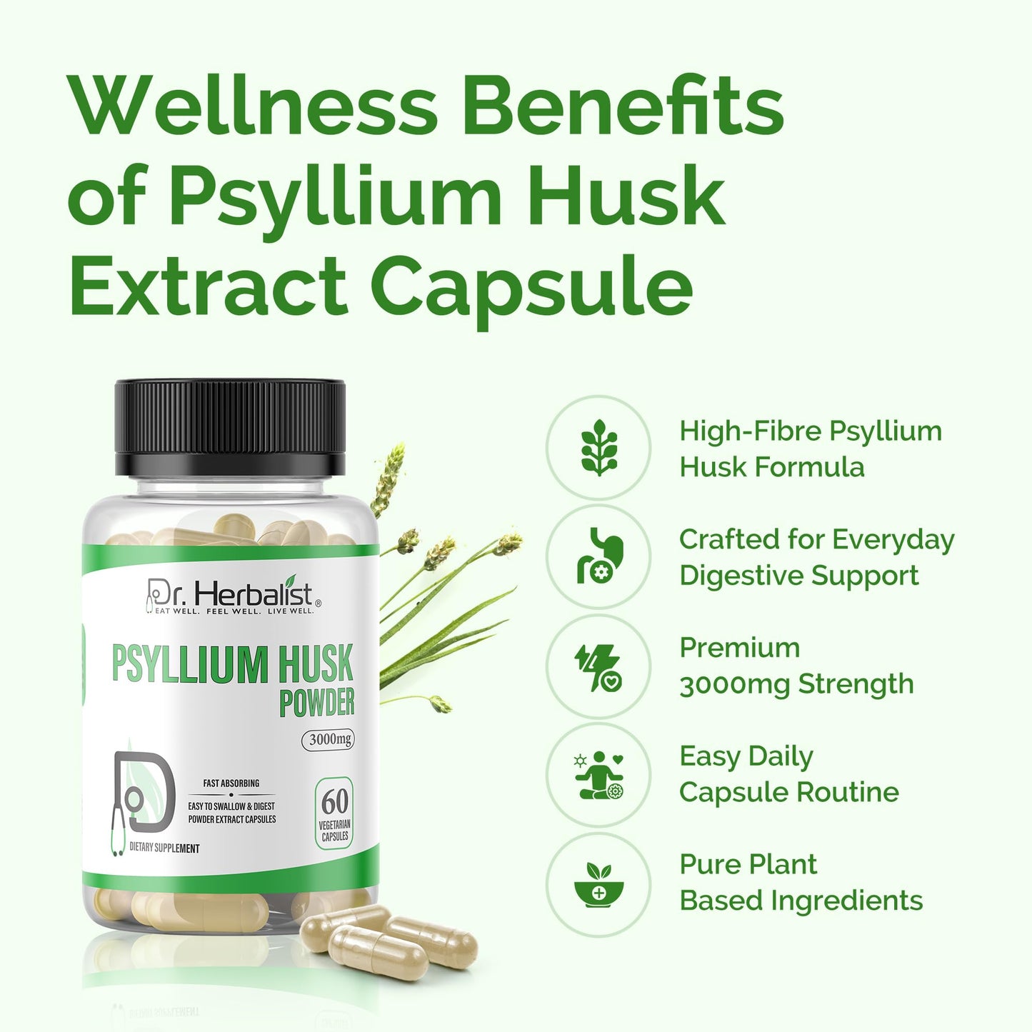 Dr. HERBALIST Psyllium Husk Powder Capsules 3000mg Soluble Fiber Supplement Plantago Ovata 60 Count