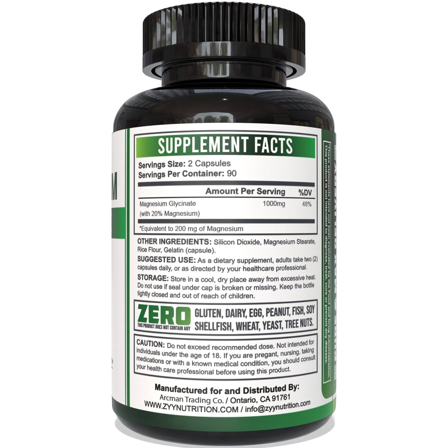 ZYY Magnesium Glycinate Capsules 1000mg Maximum Strength, Chelated for High Absorption, 180 Capsules