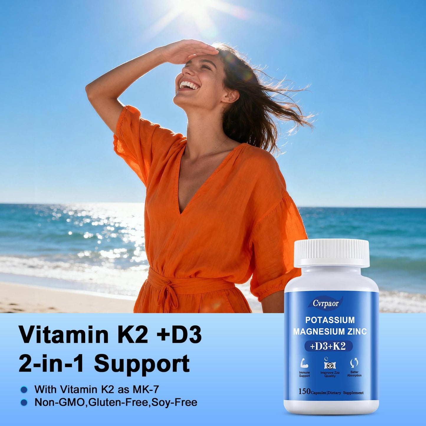Cvrpaor Potassium Magnesium Supplement with Vitamin D3 K2 Capsule 150 Counts