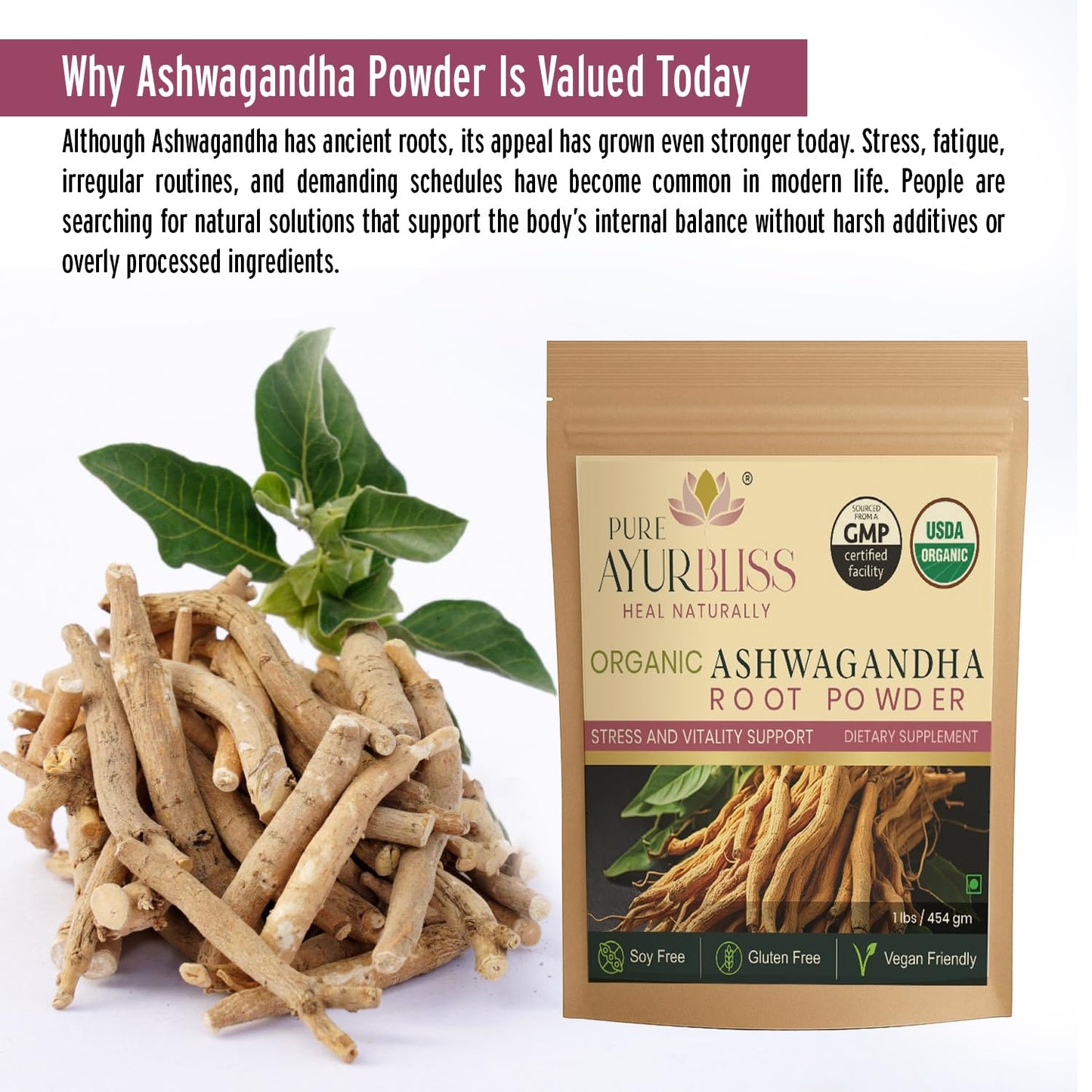 PureAyurbliss Ashwagandha Powder, 16 Ounce