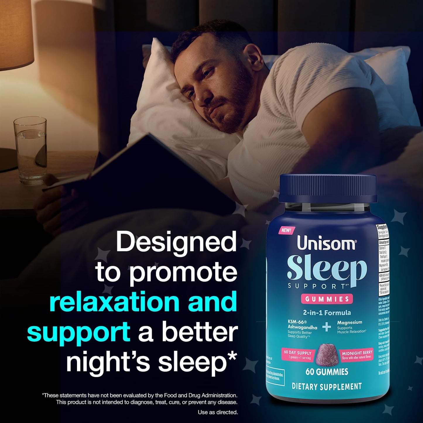 Unisom Sleep Support Gummies, 2-in-1 Magnesium Ashwagandha Drug-Free Formula, Midnight Berry Flavor, 60 Count