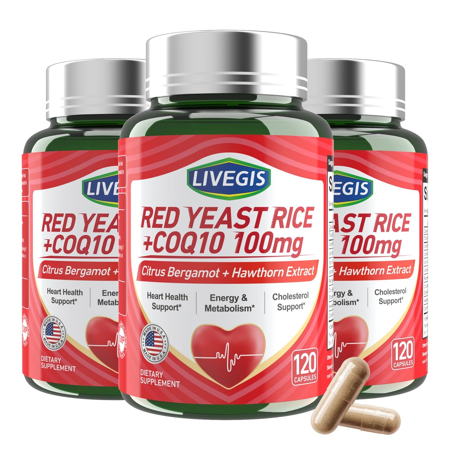 LIVEGIS Red Yeast Rice 2000mg with CoQ10 100mg Citrinin-Free Heart Health Supplement with Citrus Bergamot & Hawthorn Softgel 360 Count
