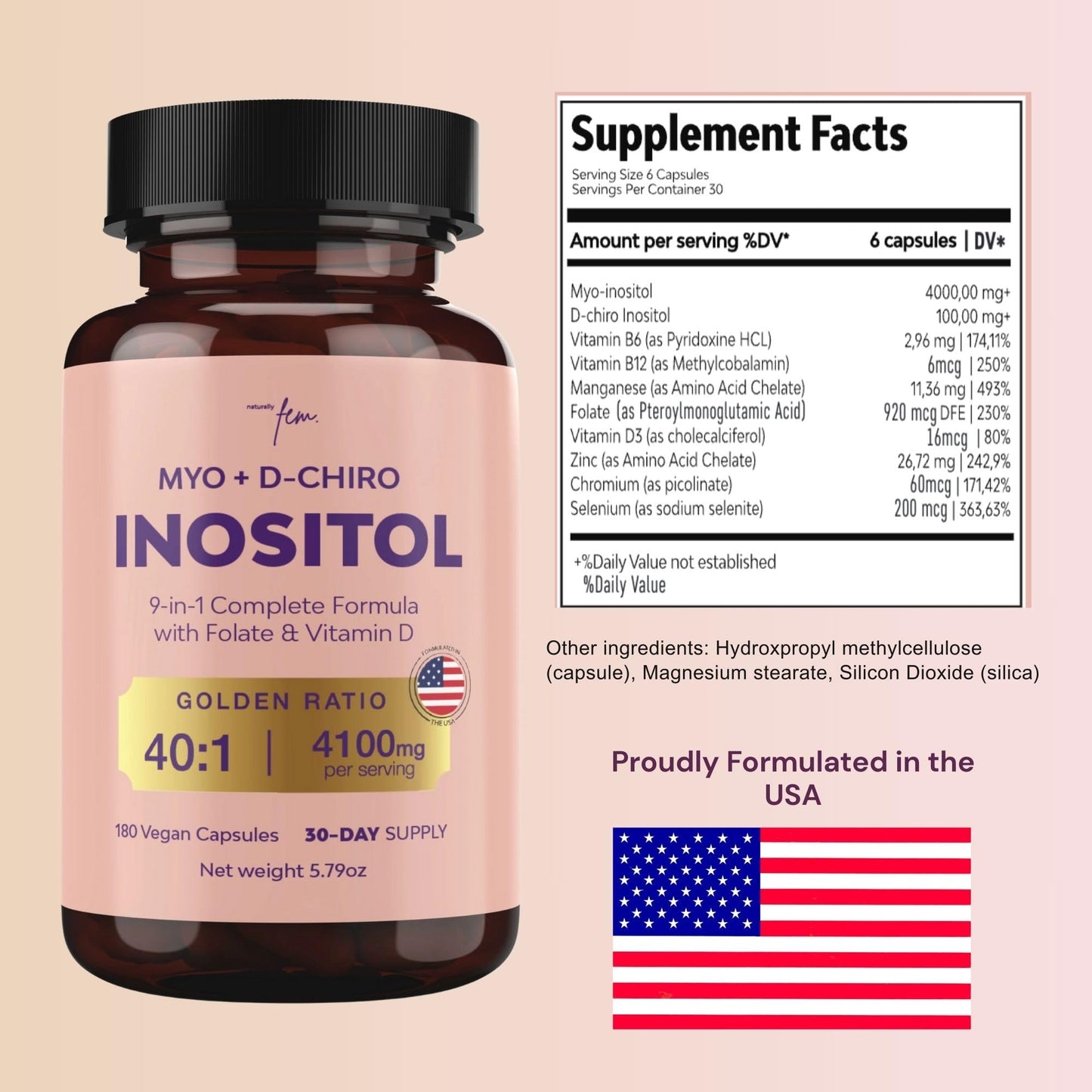 QSTA Myo-Inositol & D-Chiro Inositol Capsule for Women 4100mg (40:1 Ratio) - 9-in-1 Hormonal & Metabolic Support with Folate, Vitamin B6, B12, D3, Zinc & Chromium, 180 Count