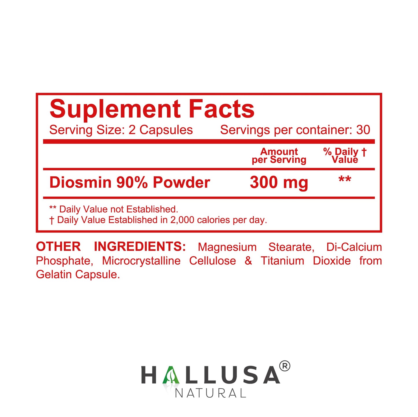 Hallusa Natural Hallosmine Diosmin 300 mg Supplement Capsules 60 Count
