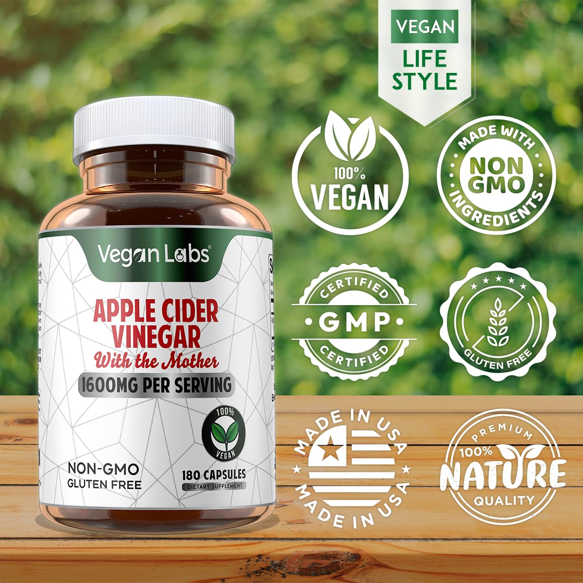 Vegan Labs Apple Cider Vinegar Capsules with The Mother, 180 Capsules