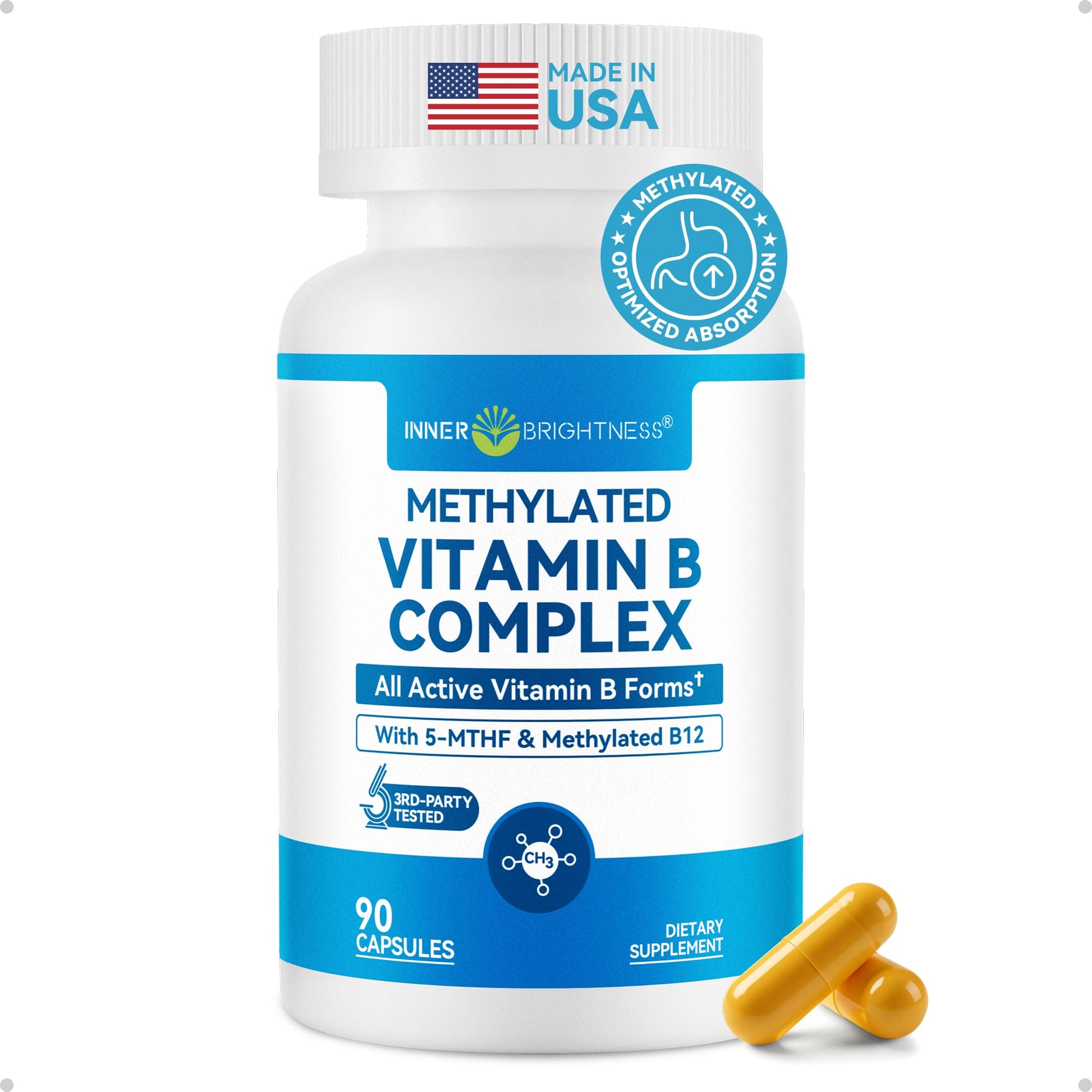 Inner Brightness Vitamin B Complex - Fully Methylated Active B12, B6, Folate, Capsules, 90 Count