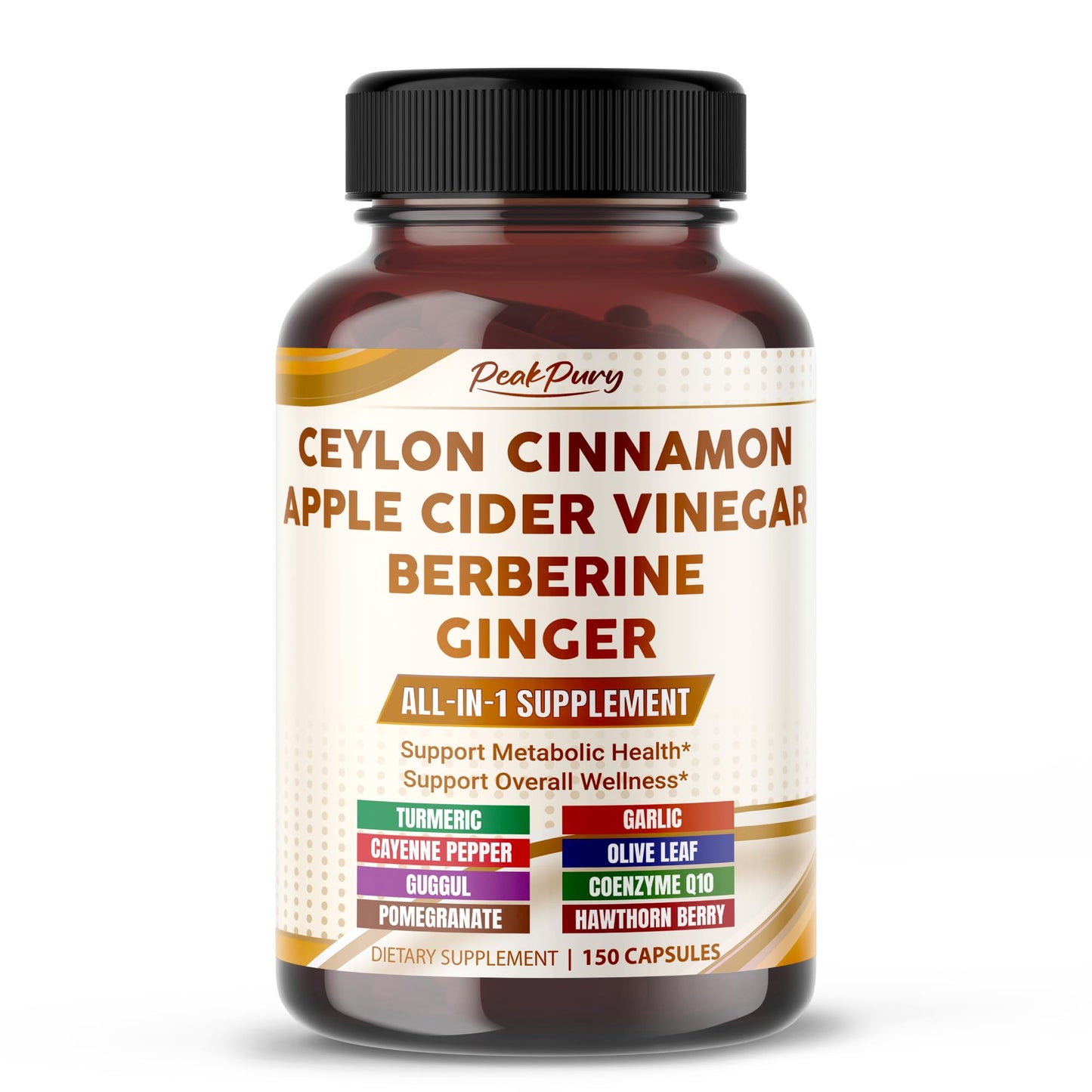 PEAKPURY Ultra All-in-1 Ceylon Cinnamon, Apple Cider Vinegar, Berberine & Ginger Capsules, 150 Count