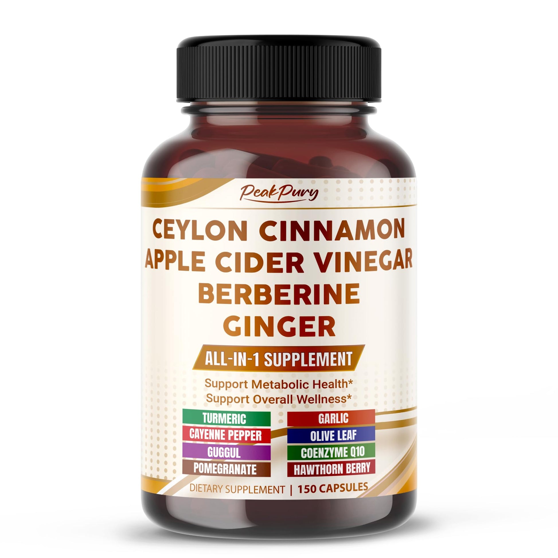 PEAKPURY Ultra All-in-1 Ceylon Cinnamon, Apple Cider Vinegar, Berberine & Ginger Capsules, 150 Count
