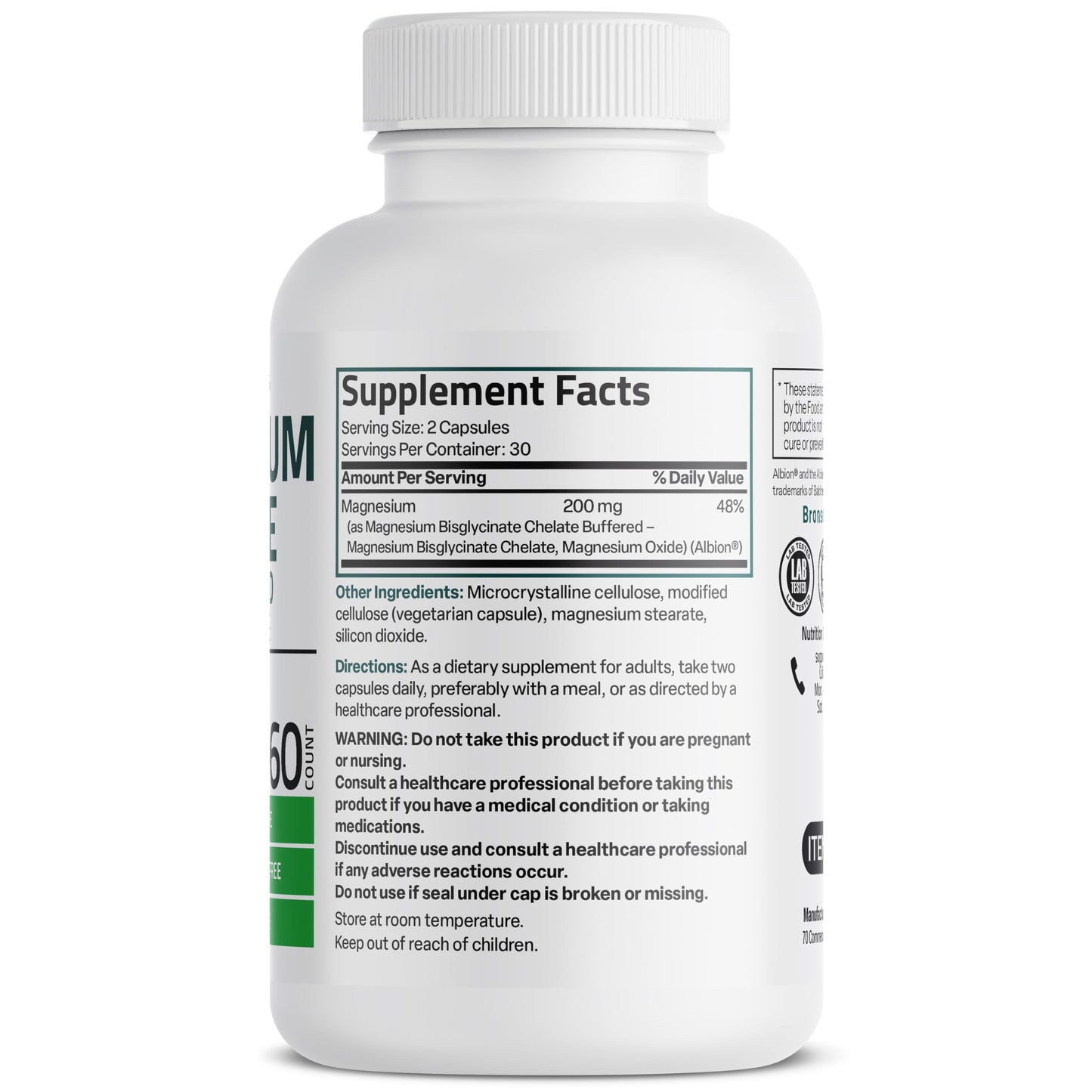 Bronson Magnesium Glycinate 200 mg per Serving Capsule, 60 Count