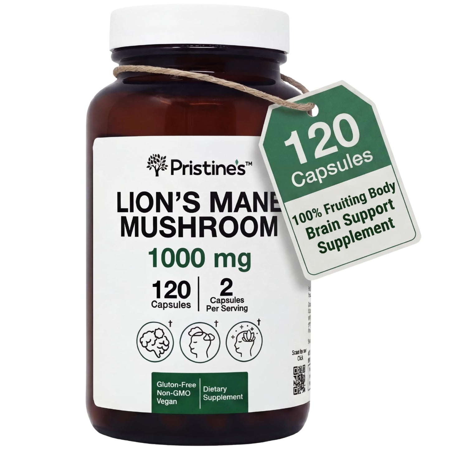PRISTINE'S Lion's Mane Mushroom Supplement Capsules 120 Count