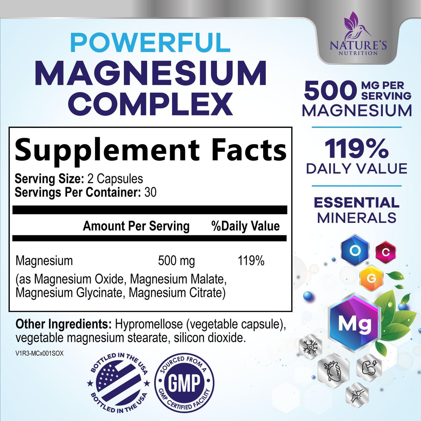 Nature's Nutrition Magnesium Complex Supplement 500 mg Per Serving - 4 in 1 High Absorption Blend - Chelated Magnesium Glycinate with Malate, Citrate & Oxide - Vegan Complex 60 Capsules