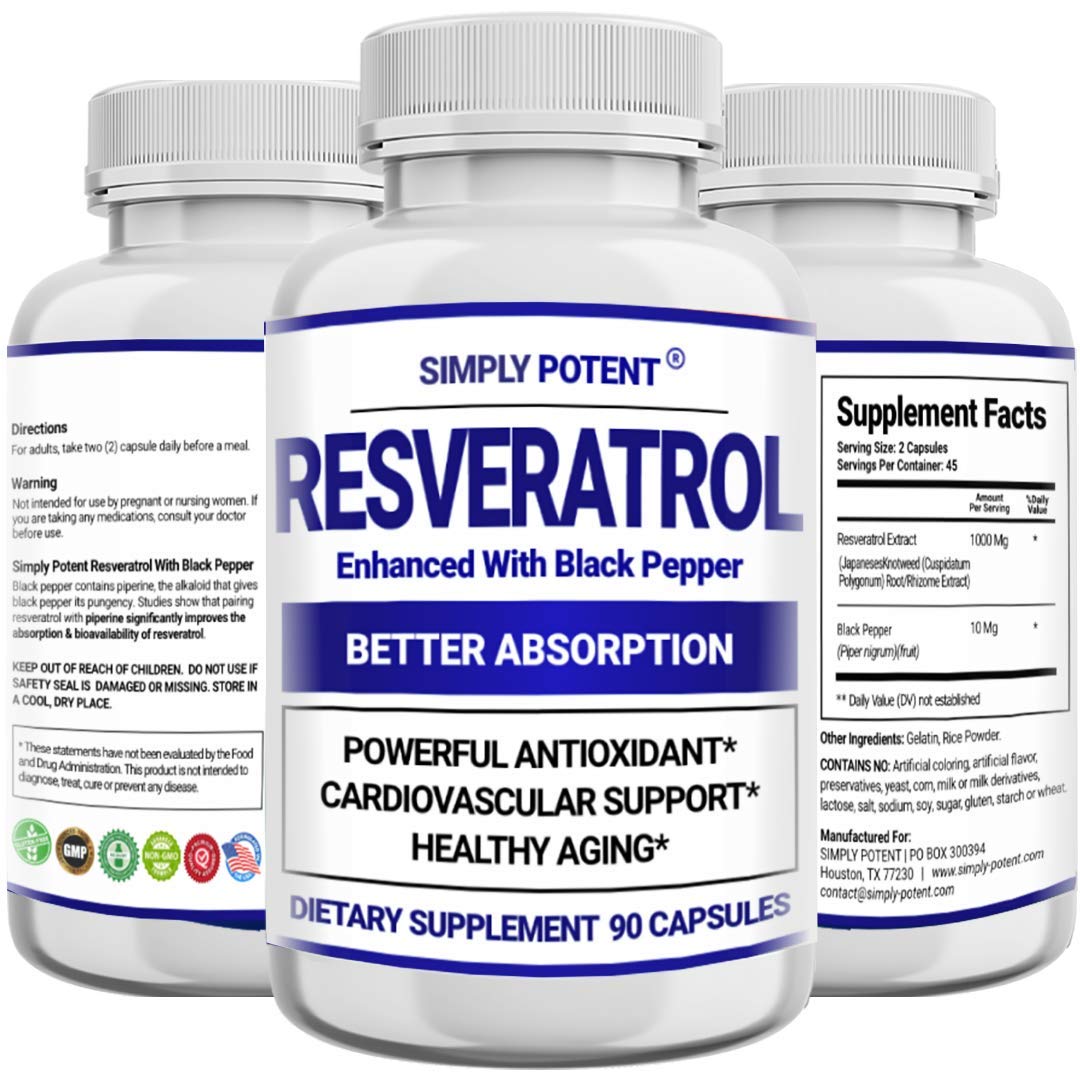 Simply Potent Resveratrol 1000mg Supplement with Black Pepper for Max Absorption, 90 Capsules