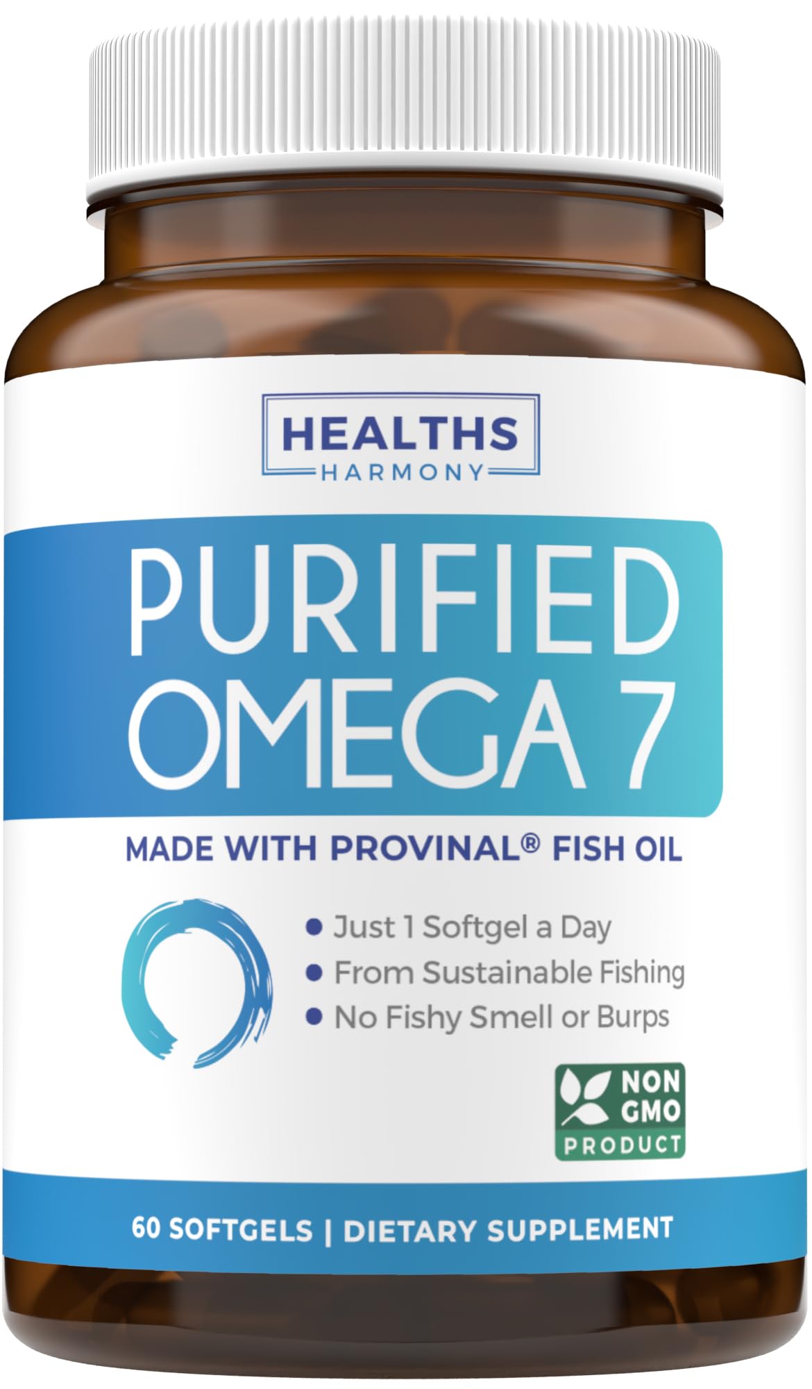 Healths Harmony Omega 7 Supplement for Women and Men - High Potency & Purity Palmitoleic Acid Fatty Acid Fish Oil Supplement from Patented Provinal with Lowest Palmitic Acid - Sustainably Sourced, 60 Capsules