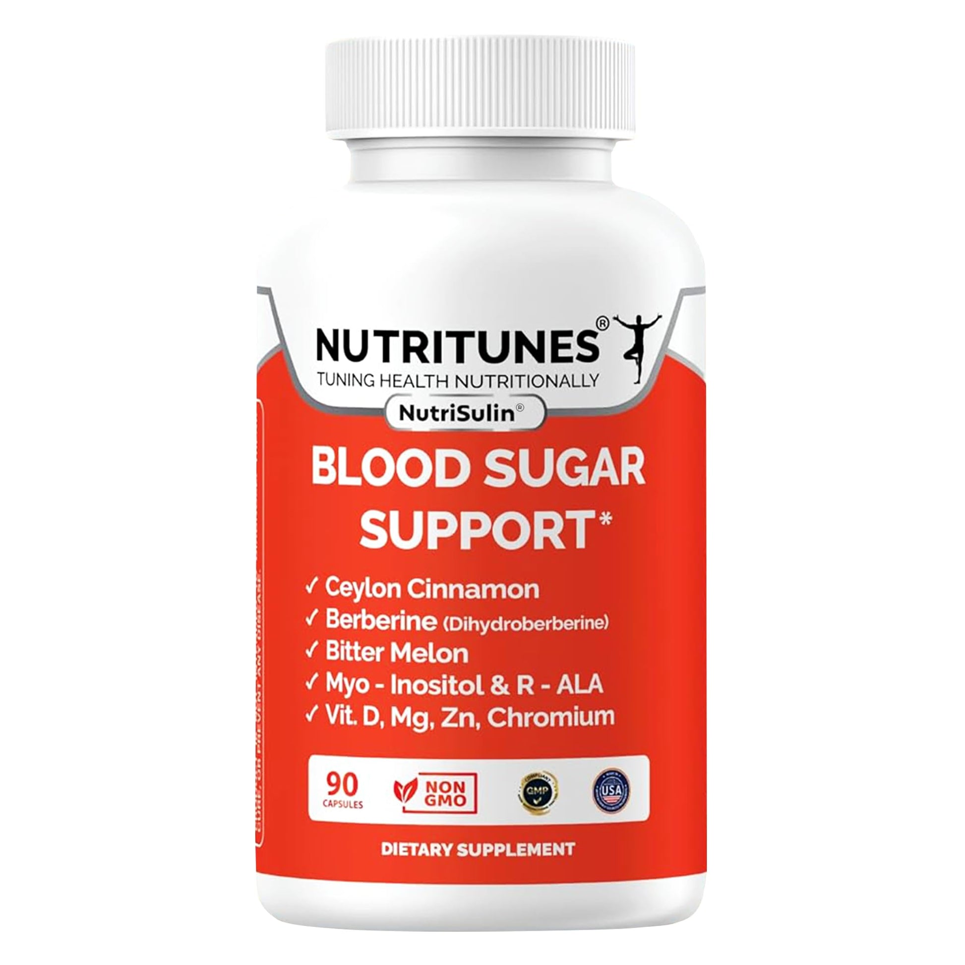 Nutritunes Ceylon Cinnamon & Berberine (Dihydroberberine) Supplement for Blood Sugar Support with Added Blood Sugar Complex Myo-Inositol Bitter Melon R-ALA VIT. D Chromium Magnesium & Zn 90 Capsules