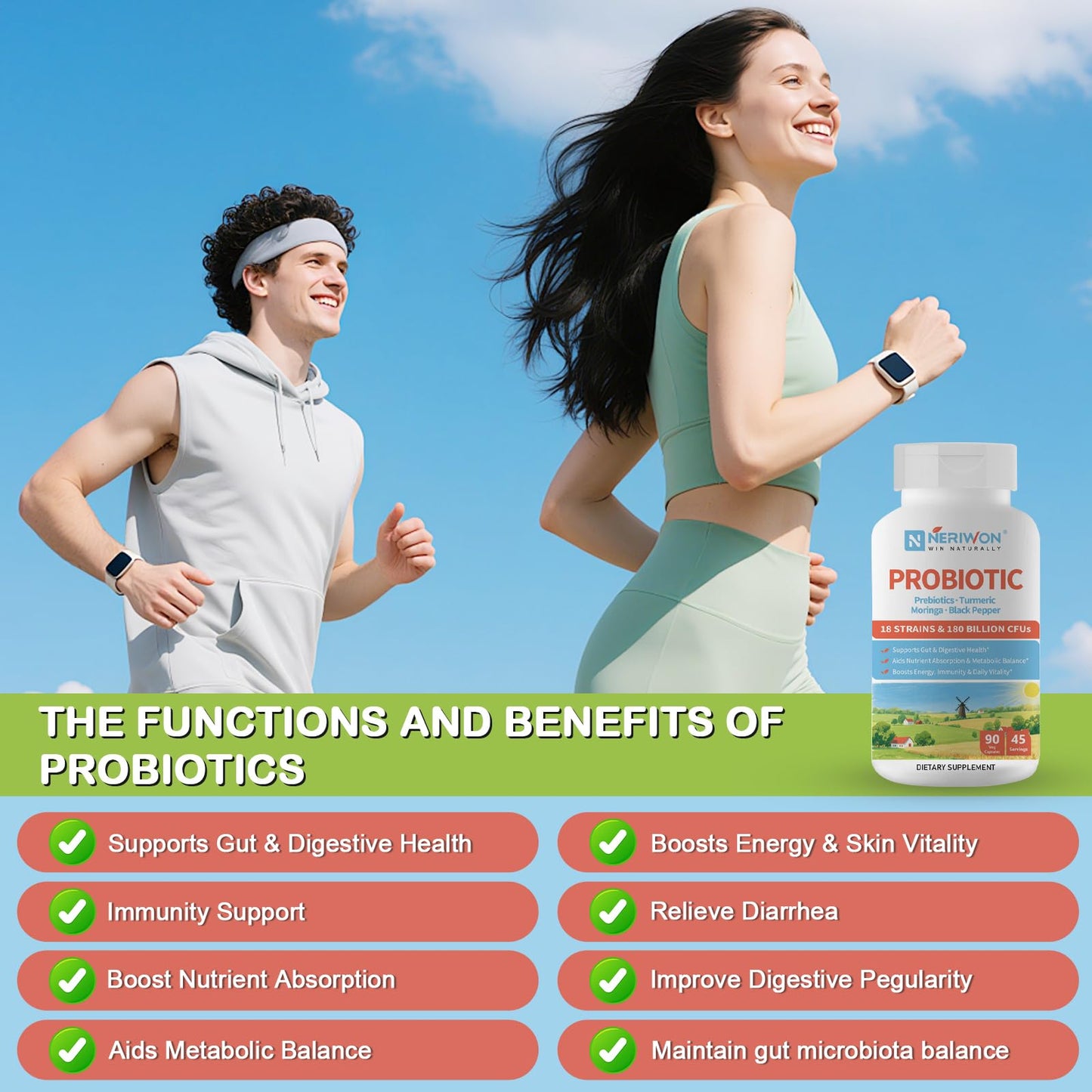 NERIWON Probiotics 180 Billion CFU 18 Strains for Women & Men, Digestive Health, Gas & Bloating Relief, Immune Support, Shelf Stable, Non-GMO, Gluten Free, Capsule, 90 Veggie Capsules