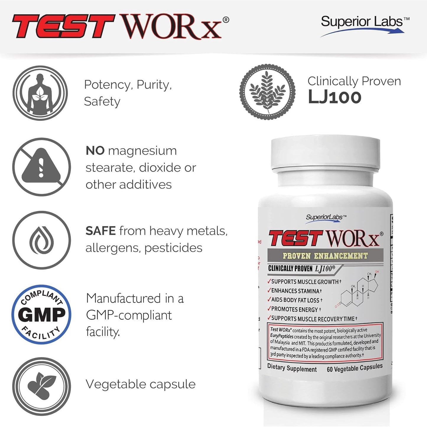 Superior Labs Test Worx Natural Testosterone Booster Supplement 60 Capsules