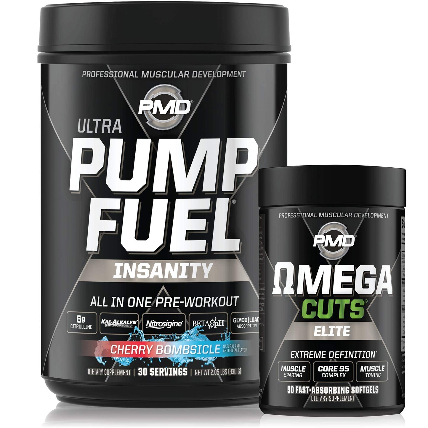PMD Sports Ultra Pump Fuel Insanity Pre Workout Cherry Bombsicle & Omega Cuts Elite Thermogenic Fat Burner Softgel 1