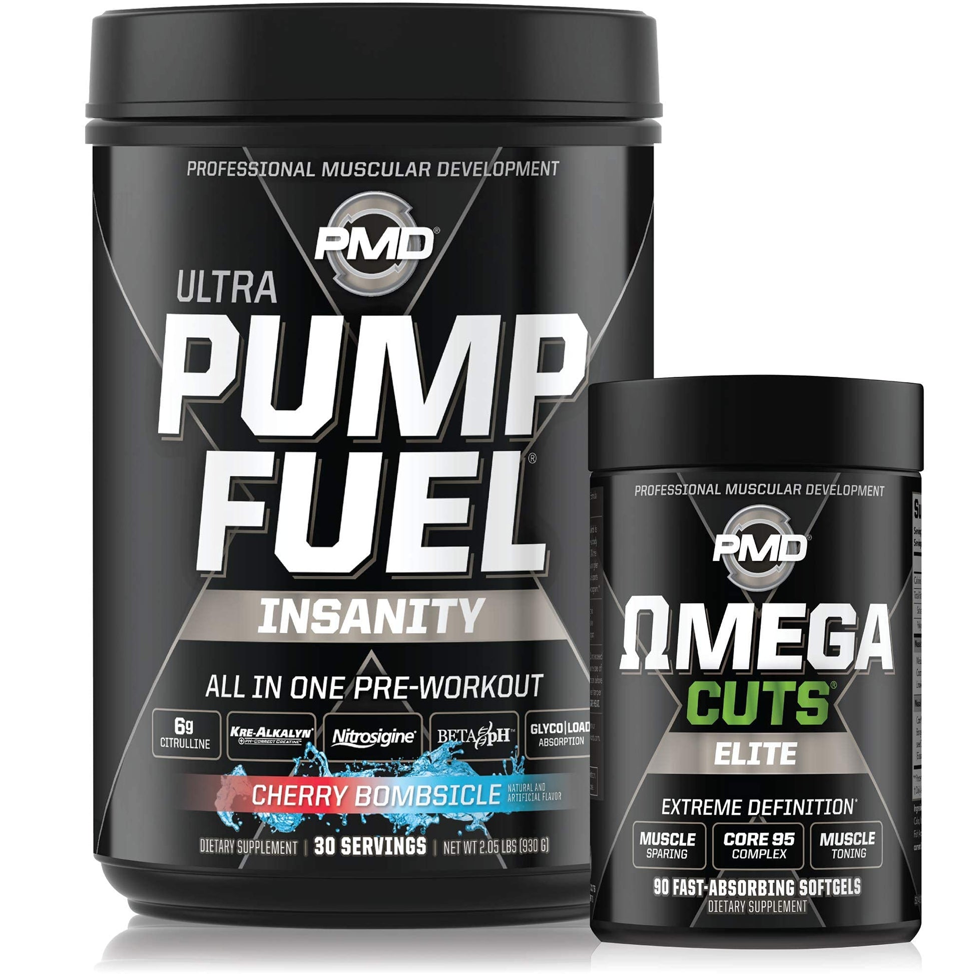 PMD Sports Ultra Pump Fuel Insanity Pre Workout Cherry Bombsicle & Omega Cuts Elite Thermogenic Fat Burner Softgel 1