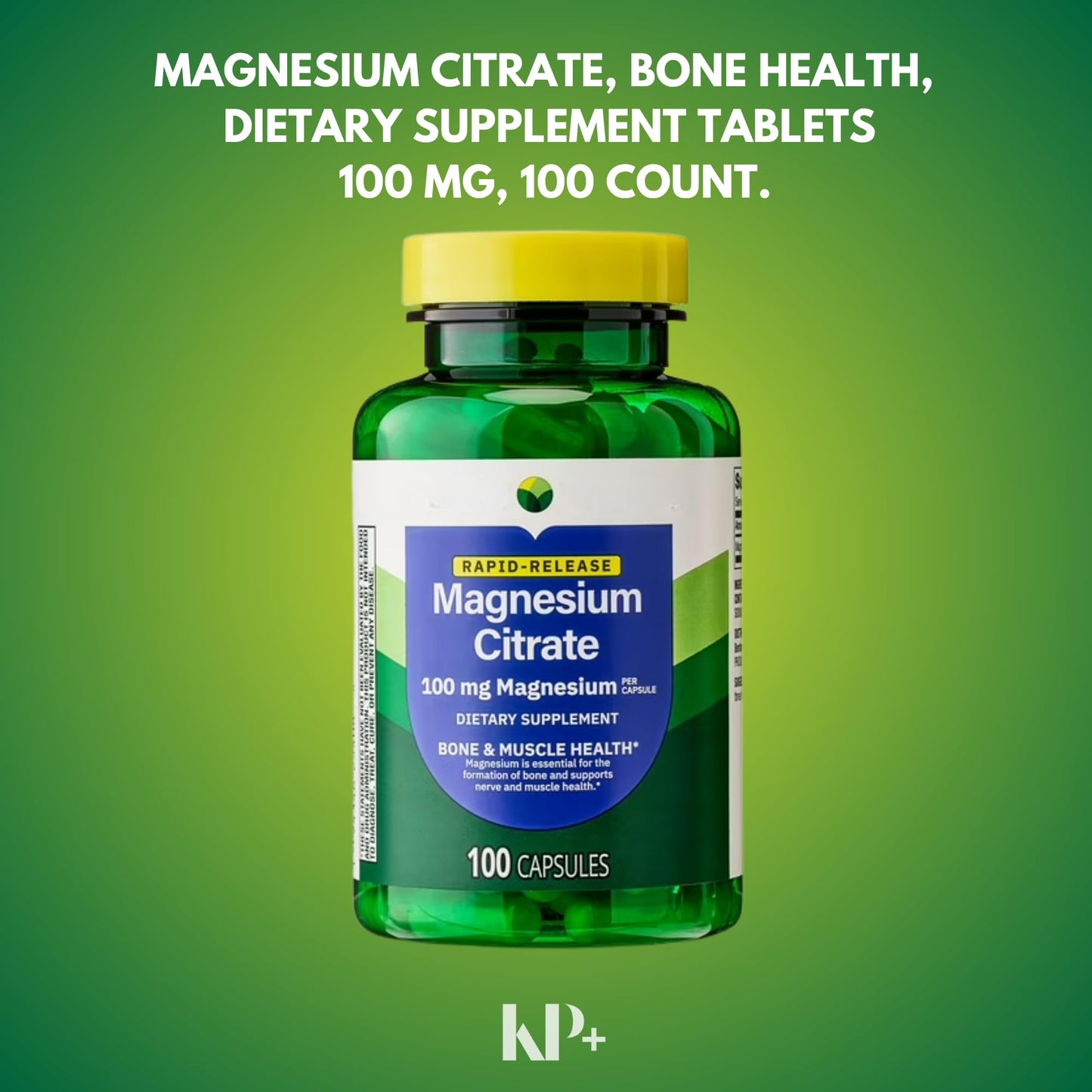 KP+ Magnesium Citrate 100 mg Rapid-Release Capsules, 100 Count