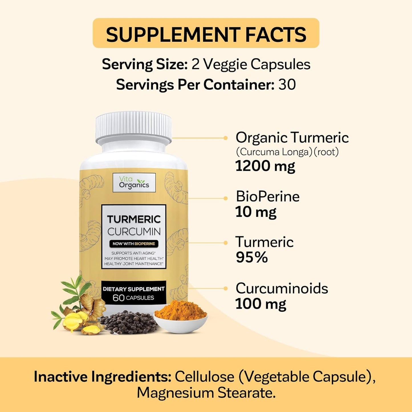 Vita Organics Turmeric Curcumin 1300mg, 60 Capsules